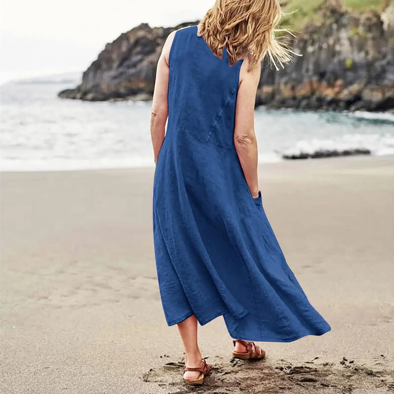 Women's Summer Cotton Linen Dress Sleeveless Elegant Flowy Dresses 2025 Plus Size Loose Comfy Dress with Pockets