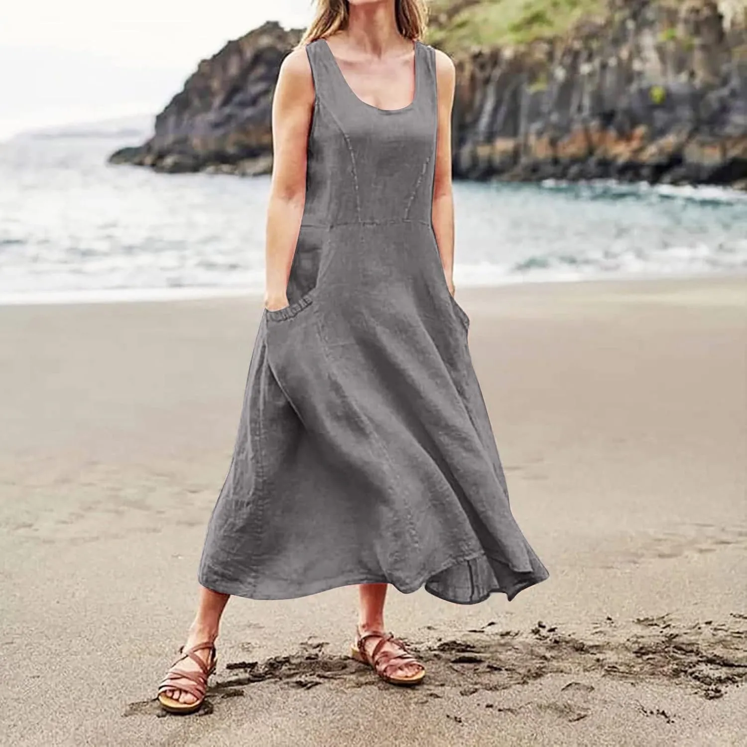 Women's Summer Cotton Linen Dress Sleeveless Elegant Flowy Dresses 2025 Plus Size Loose Comfy Dress with Pockets