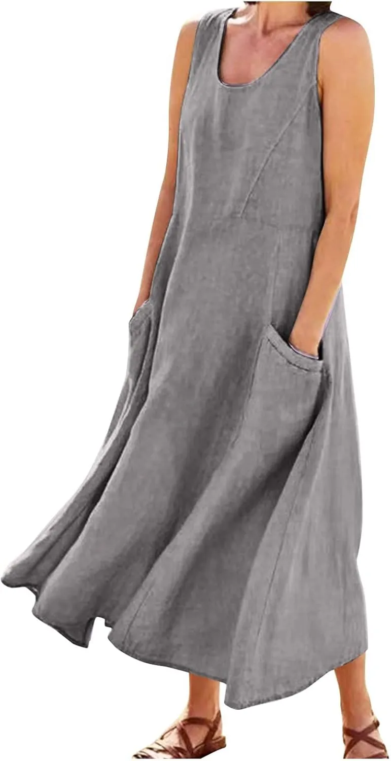 Women's Summer Cotton Linen Dress Sleeveless Elegant Flowy Dresses 2025 Plus Size Loose Comfy Dress with Pockets