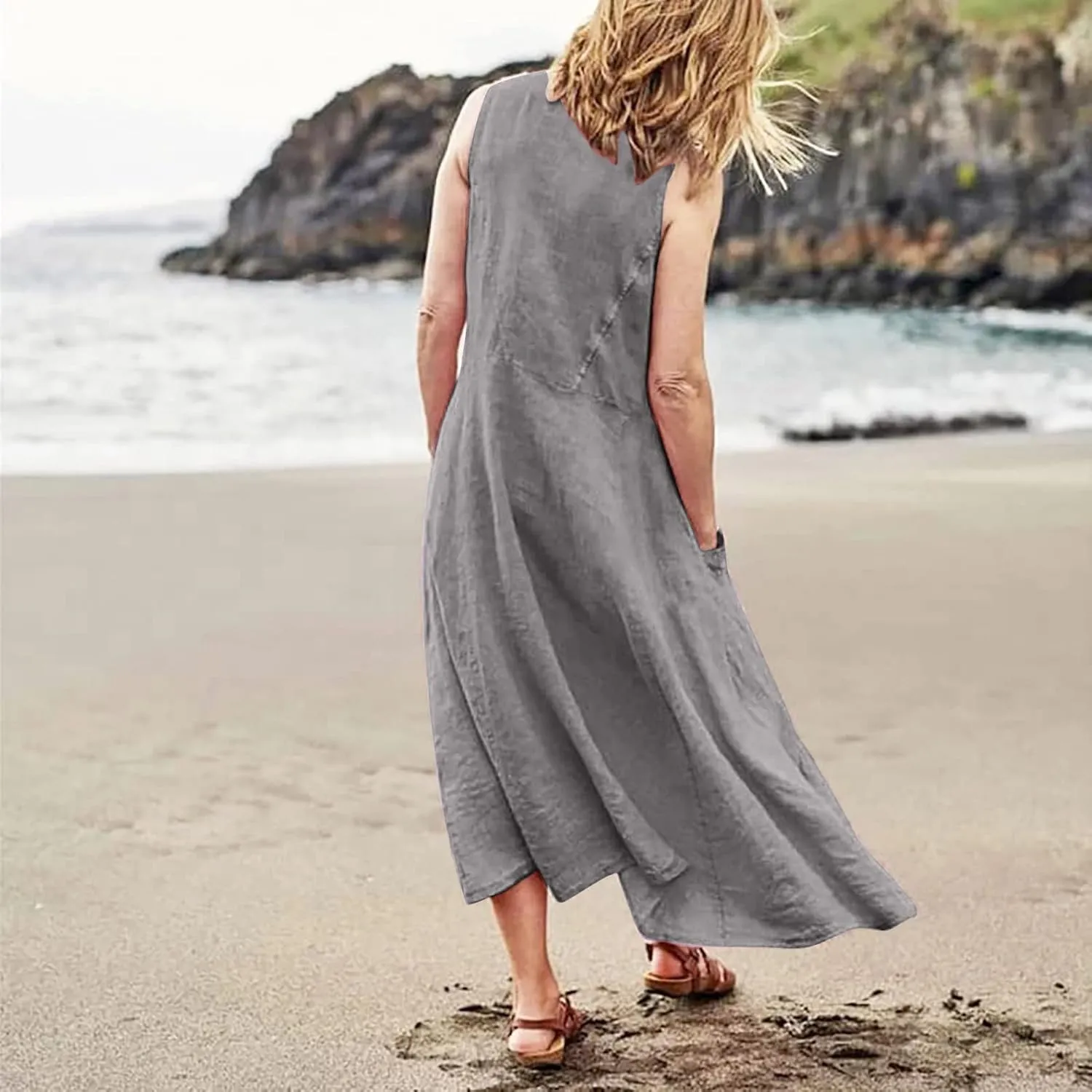 Women's Summer Cotton Linen Dress Sleeveless Elegant Flowy Dresses 2025 Plus Size Loose Comfy Dress with Pockets