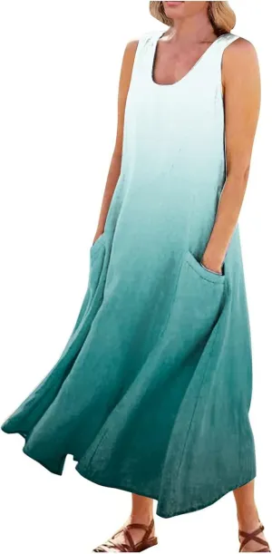 Women's Summer Cotton Linen Dress Sleeveless Elegant Flowy Dresses 2025 Plus Size Loose Comfy Dress with Pockets
