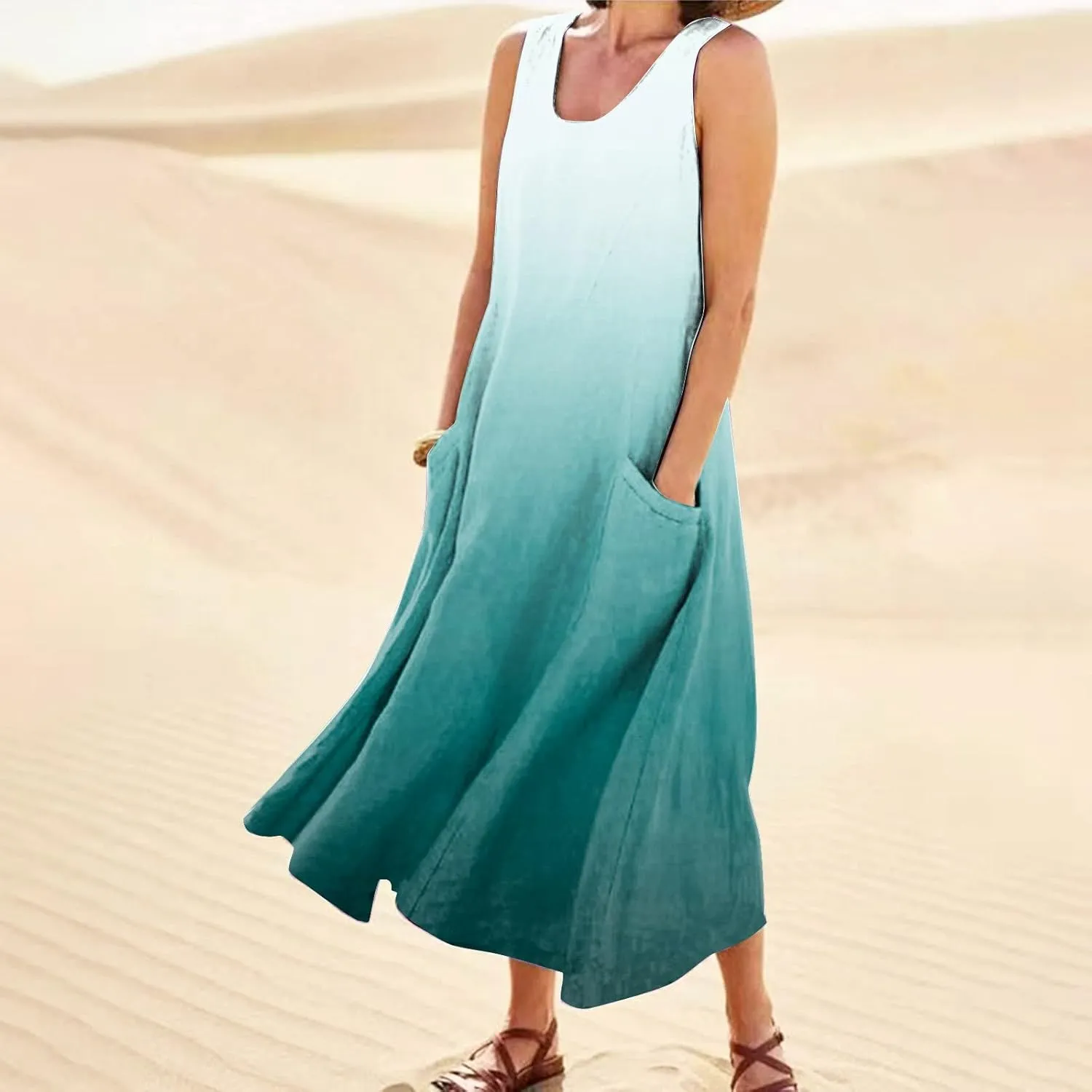 Women's Summer Cotton Linen Dress Sleeveless Elegant Flowy Dresses 2025 Plus Size Loose Comfy Dress with Pockets