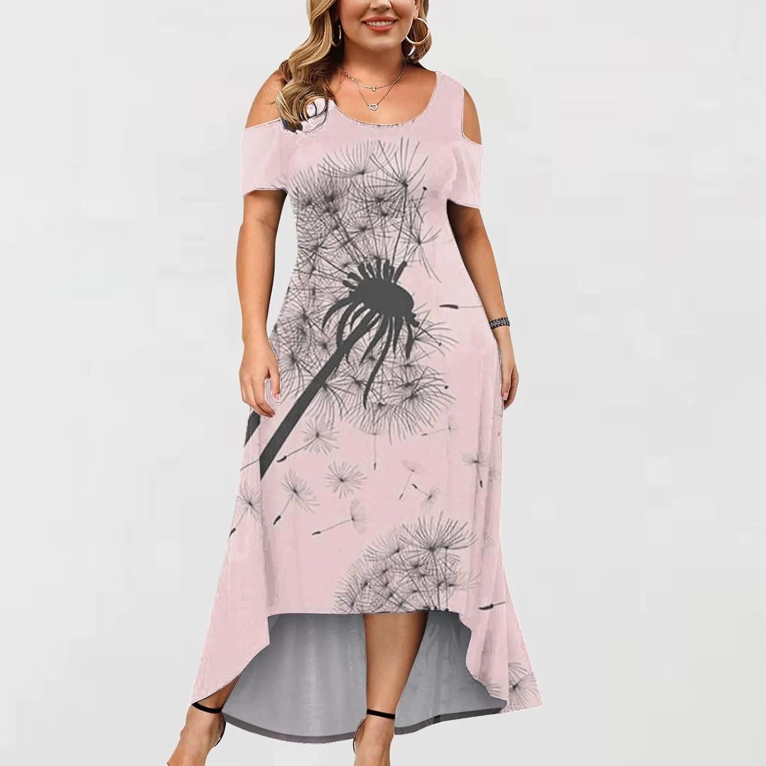 Womens Summer Dress Plus Size Casual Floral Shoulder Maxi Dress Loose Short Sleeve Crewneck High Waist A Line Dress