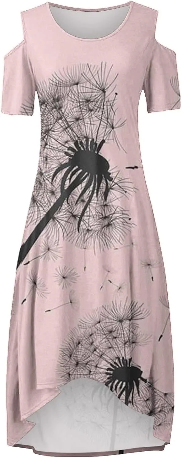 Womens Summer Dress Plus Size Casual Floral Shoulder Maxi Dress Loose Short Sleeve Crewneck High Waist A Line Dress