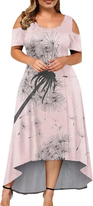 Womens Summer Dress Plus Size Casual Floral Shoulder Maxi Dress Loose Short Sleeve Crewneck High Waist A Line Dress