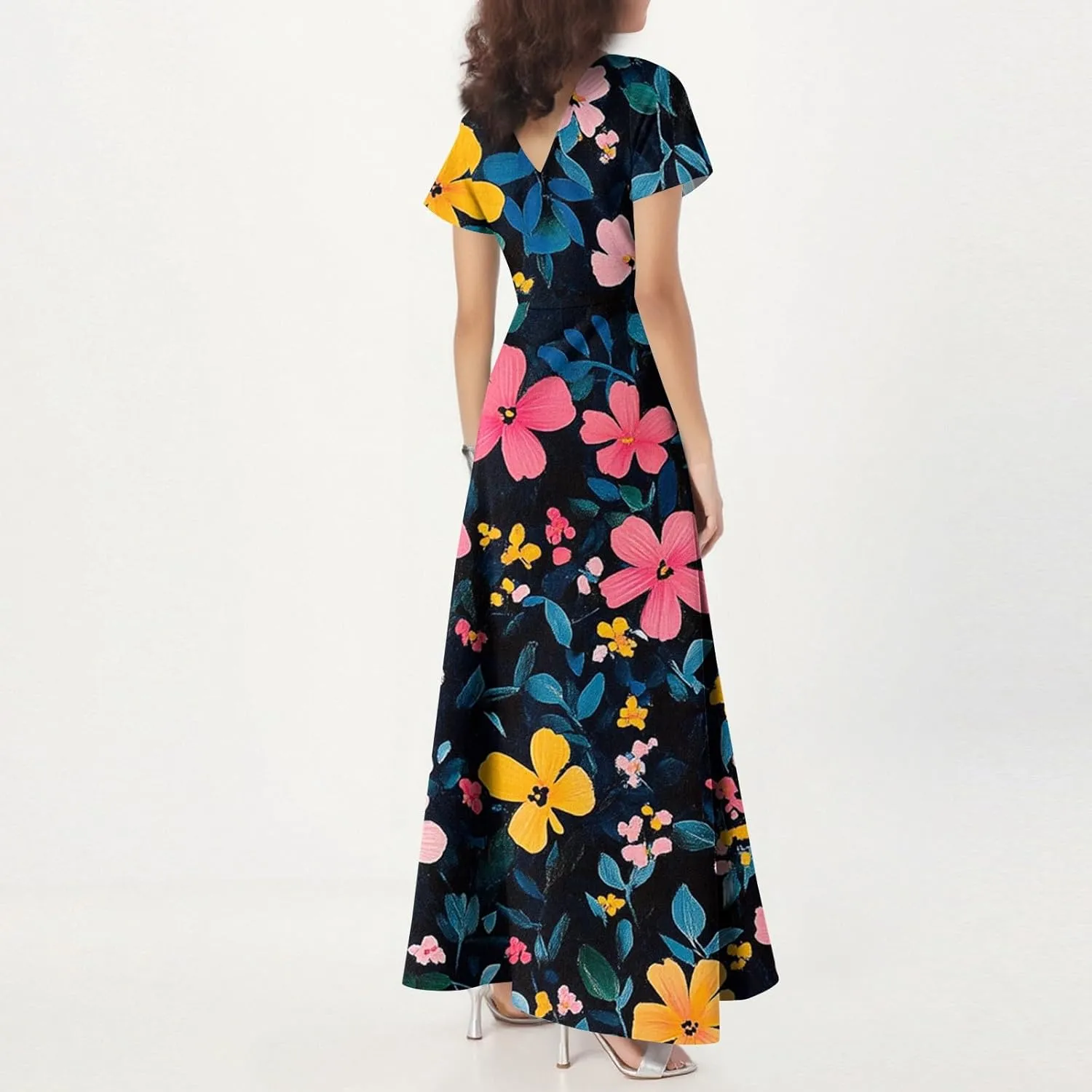 Womens Summer Dresses 2025 Casual Flowy Maxi Dress, V-Neck Short Sleeve High Waist Big Swing Loose Long Sundress