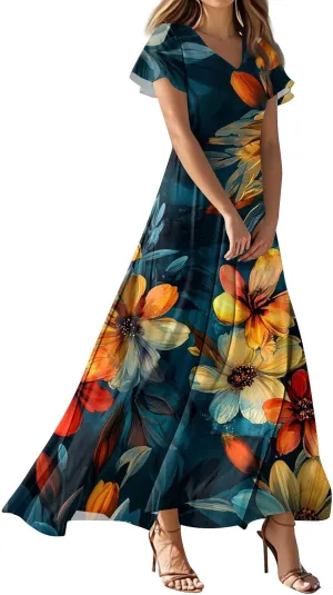 Womens Summer Dresses 2025 Casual Flowy Maxi Dress, V-Neck Short Sleeve High Waist Big Swing Loose Long Sundress