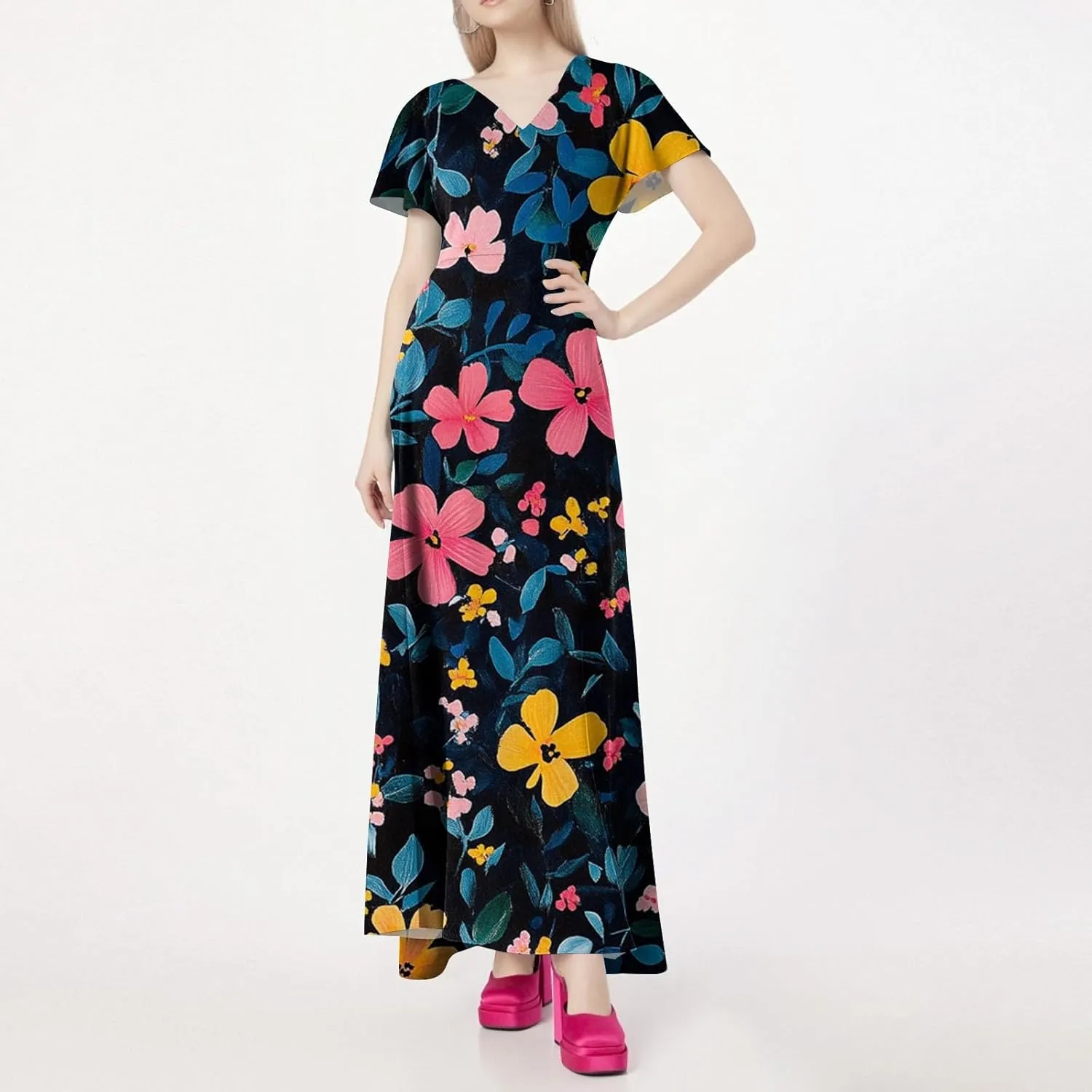 Womens Summer Dresses 2025 Casual Flowy Maxi Dress, V-Neck Short Sleeve High Waist Big Swing Loose Long Sundress
