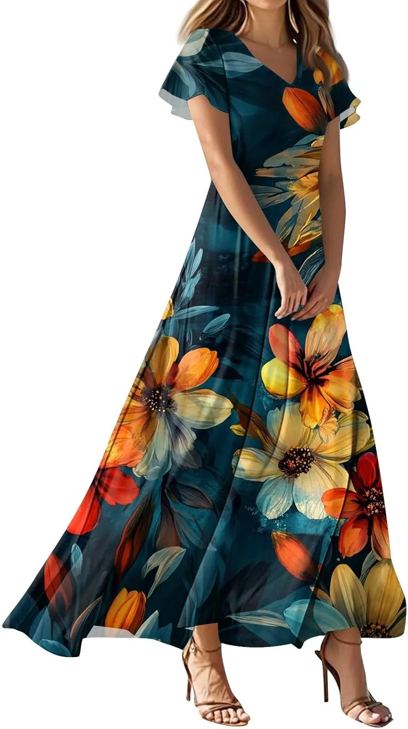 Womens Summer Dresses 2025 Casual Flowy Maxi Dress, V-Neck Short Sleeve High Waist Big Swing Loose Long Sundress