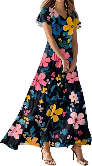 Womens Summer Dresses 2025 Casual Flowy Maxi Dress, V-Neck Short Sleeve High Waist Big Swing Loose Long Sundress