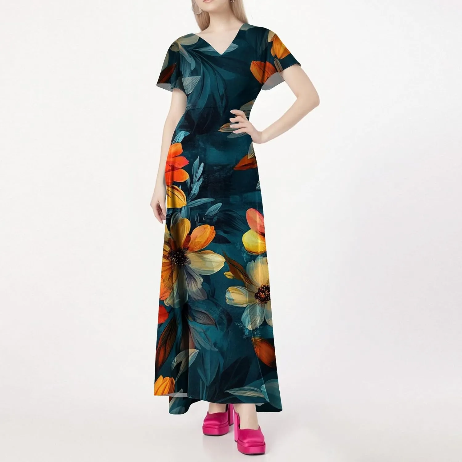 Womens Summer Dresses 2025 Casual Flowy Maxi Dress, V-Neck Short Sleeve High Waist Big Swing Loose Long Sundress