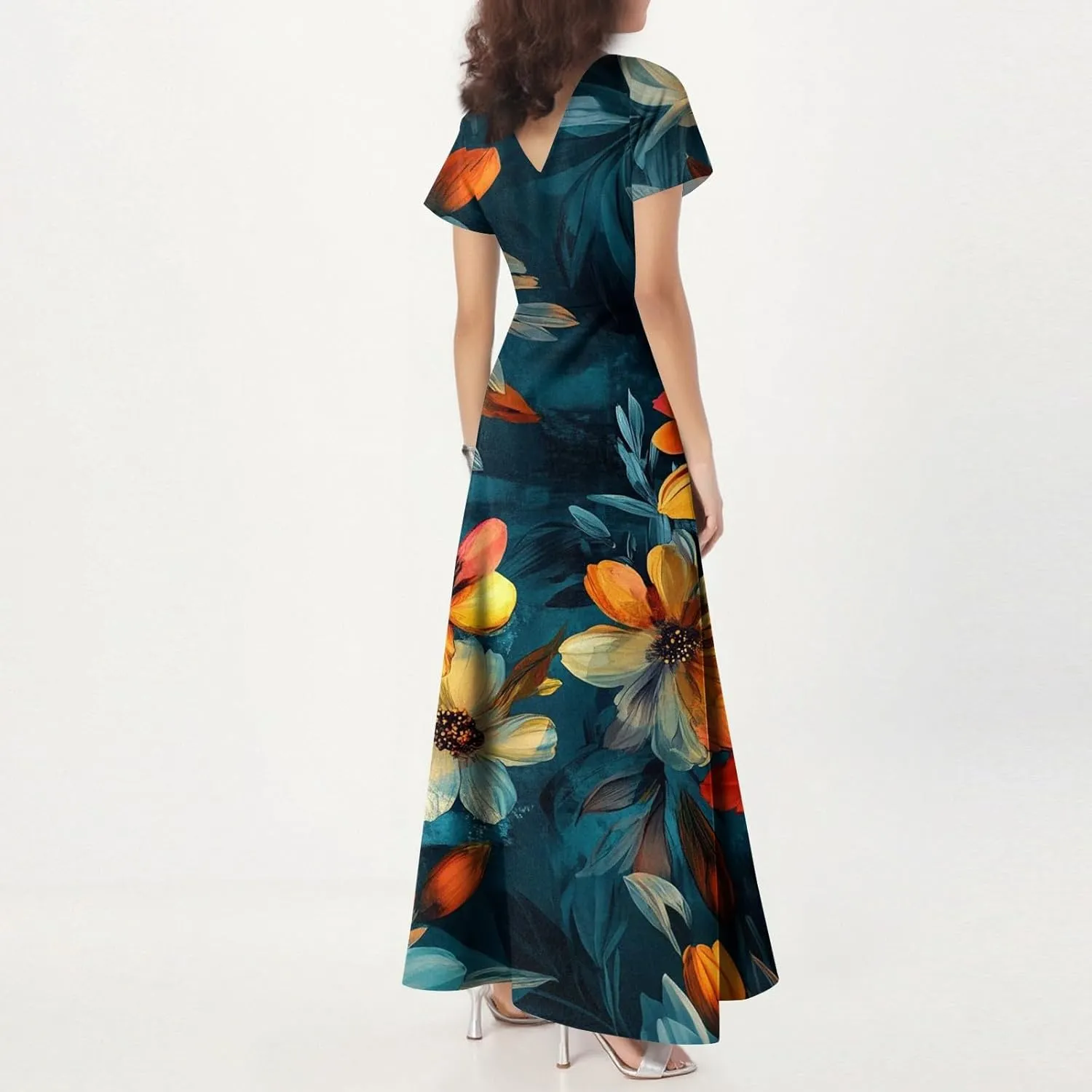 Womens Summer Dresses 2025 Casual Flowy Maxi Dress, V-Neck Short Sleeve High Waist Big Swing Loose Long Sundress