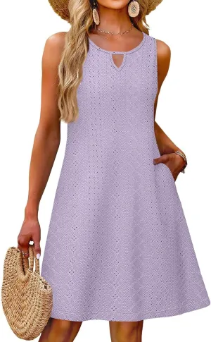 Womens Summer Dresses 2025 Casual Loose Sleeveless Round Neck Dress with Pocket Beach Midi Flared Tank Dress