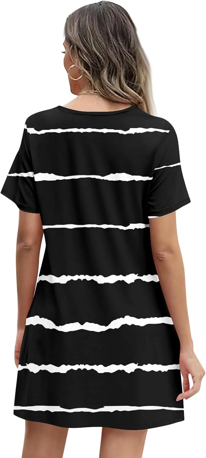 Womens Summer Dresses 2025 Trendy Printed Short Sleeve Spring Mini Dress Crewneck Casual Beach Vacation Dresses