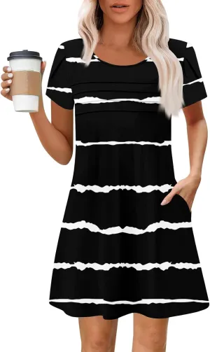 Womens Summer Dresses 2025 Trendy Printed Short Sleeve Spring Mini Dress Crewneck Casual Beach Vacation Dresses