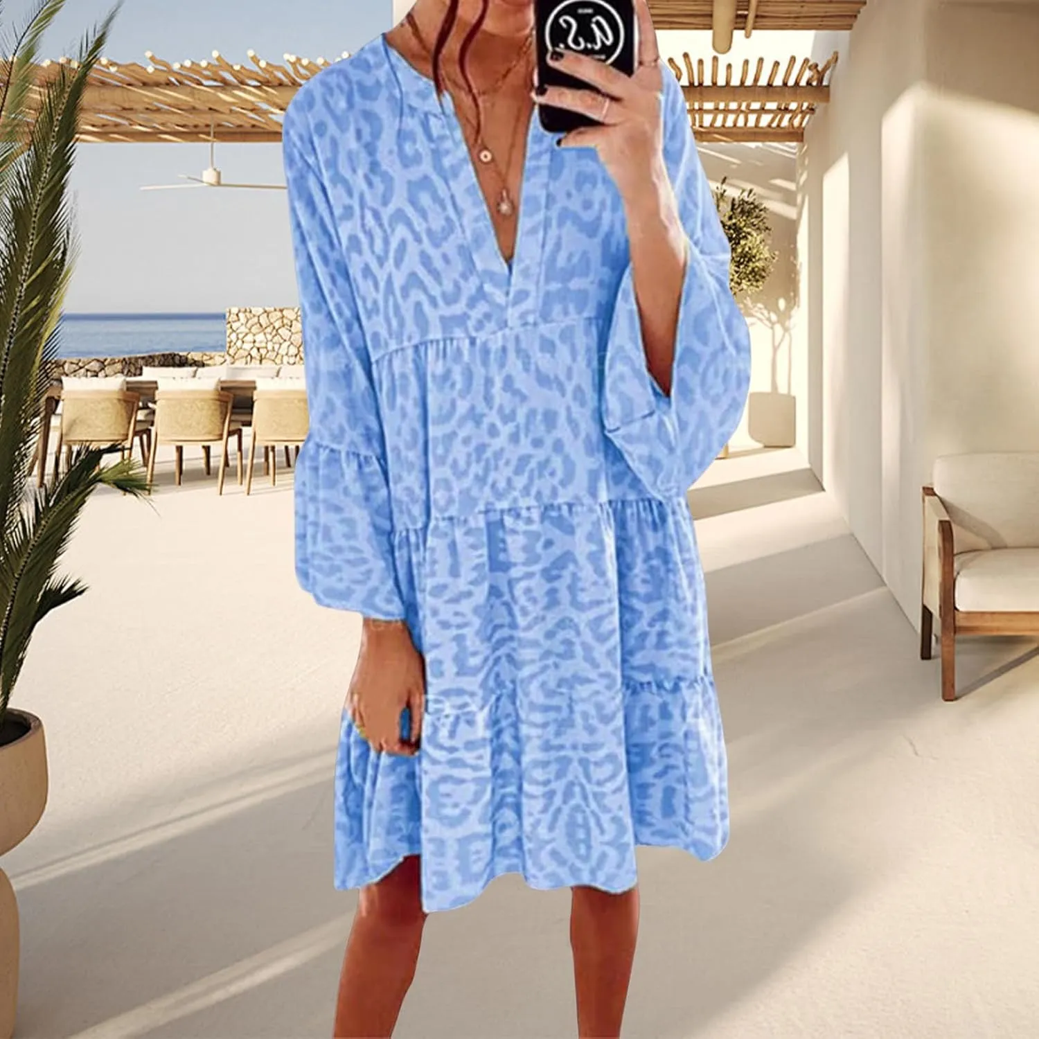 Womens Summer Dresses Boho Floral Babydoll Dress V Neck Ruffle Half Sleeve Sundress Beach Vacation Dress