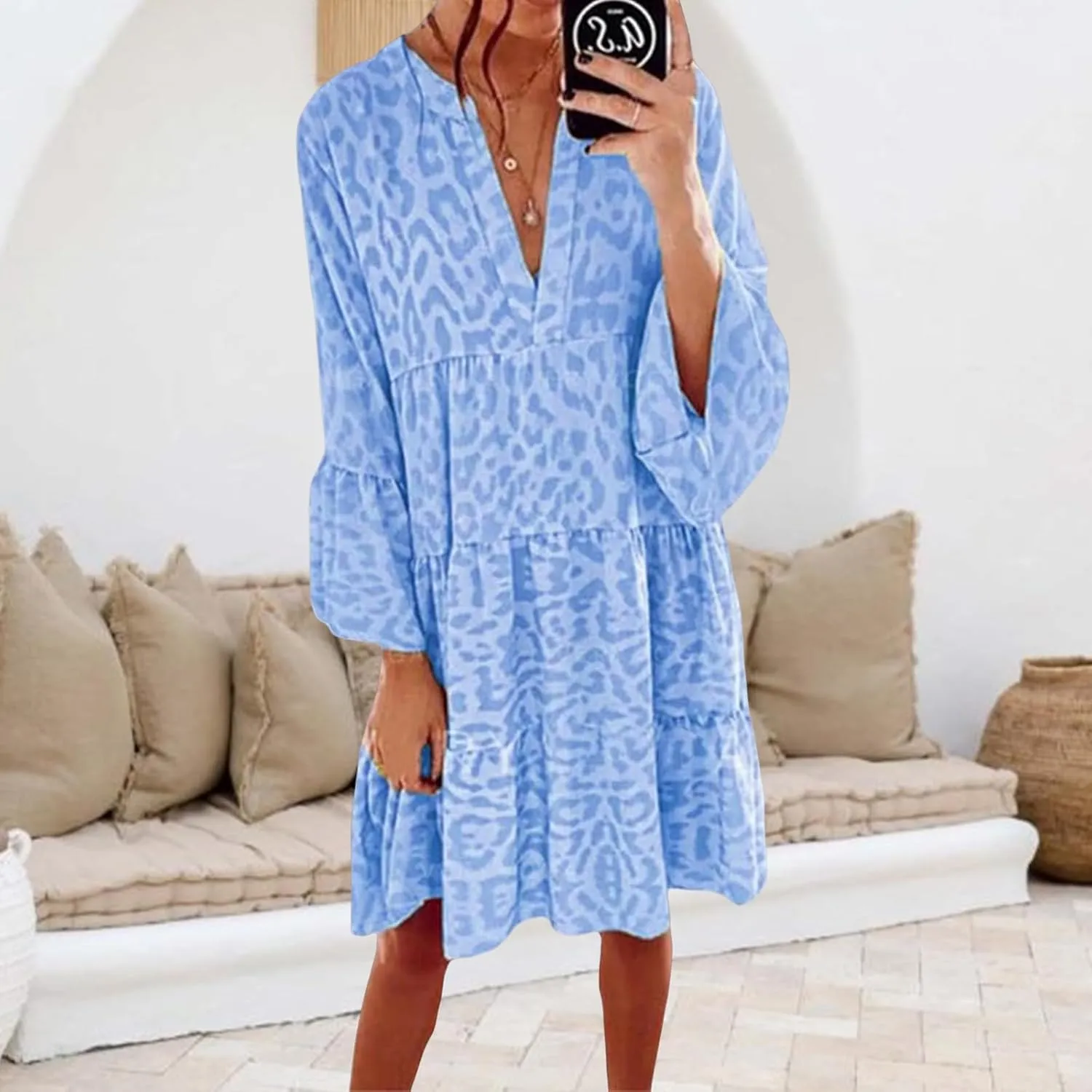 Womens Summer Dresses Boho Floral Babydoll Dress V Neck Ruffle Half Sleeve Sundress Beach Vacation Dress