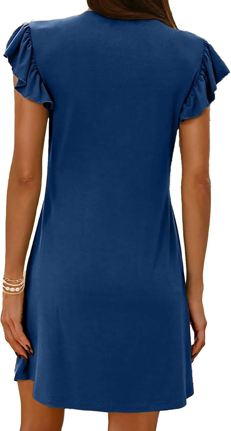 Women's Summer Dresses Casual Babydoll Mini Dress Ruffle Sleeve Deep V Neck T Shirt Dress Tunic Sundress