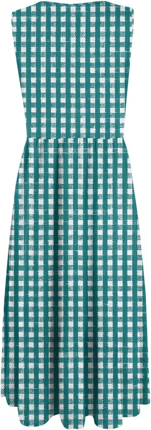 Womens Summer Dresses Casual Crewneck Sleeveless A-Line Dress Floral Print Pleated Vaction Dress with Pocket