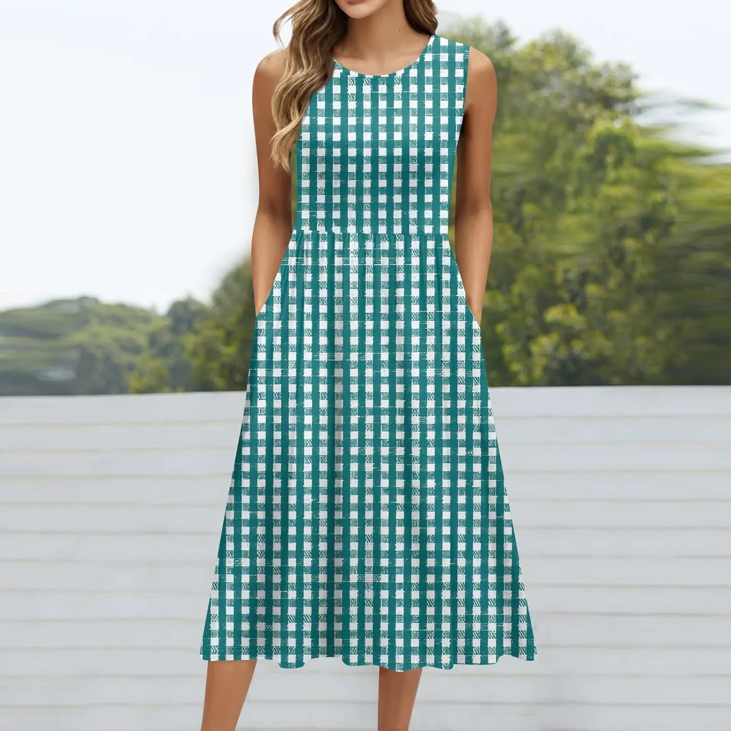 Womens Summer Dresses Casual Crewneck Sleeveless A-Line Dress Floral Print Pleated Vaction Dress with Pocket