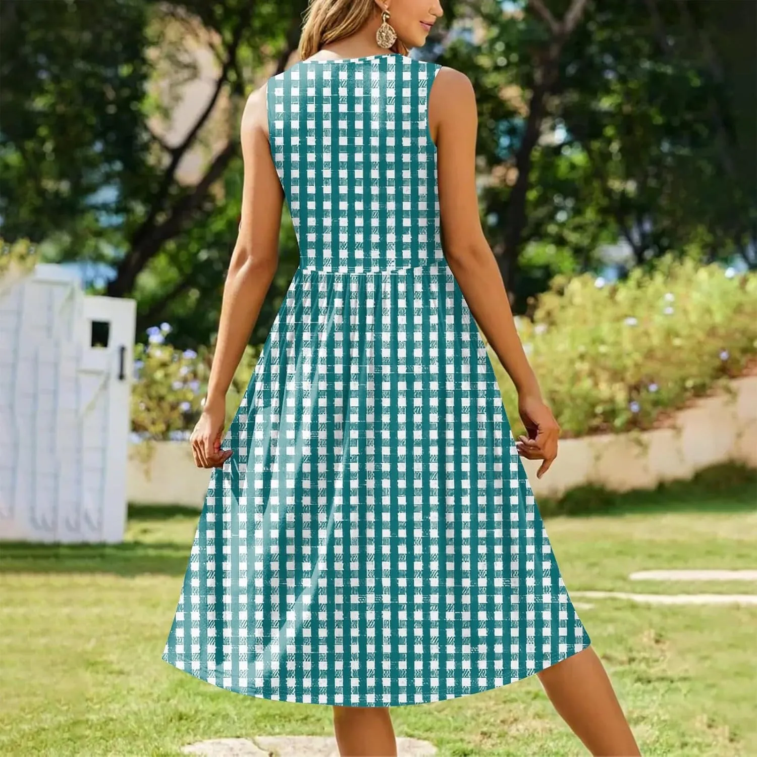 Womens Summer Dresses Casual Crewneck Sleeveless A-Line Dress Floral Print Pleated Vaction Dress with Pocket