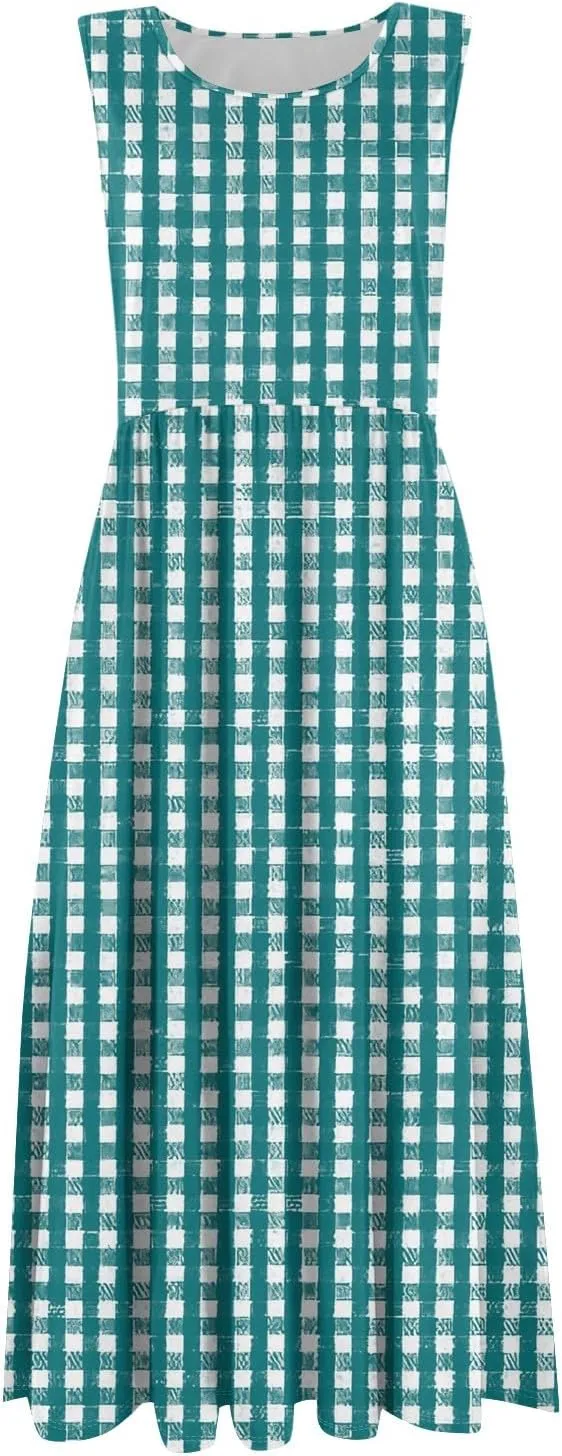 Womens Summer Dresses Casual Crewneck Sleeveless A-Line Dress Floral Print Pleated Vaction Dress with Pocket