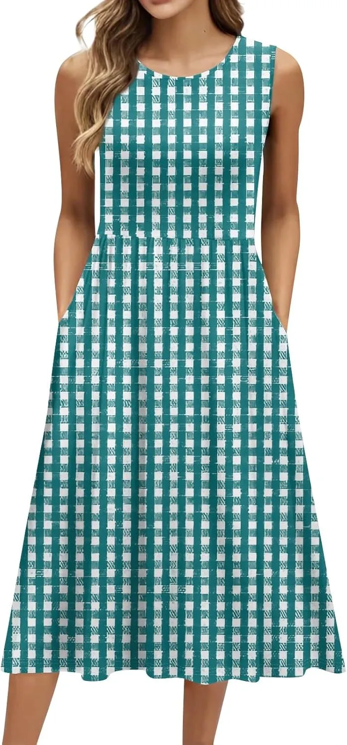Womens Summer Dresses Casual Crewneck Sleeveless A-Line Dress Floral Print Pleated Vaction Dress with Pocket