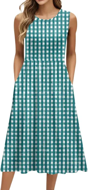 Womens Summer Dresses Casual Crewneck Sleeveless A-Line Dress Floral Print Pleated Vaction Dress with Pocket