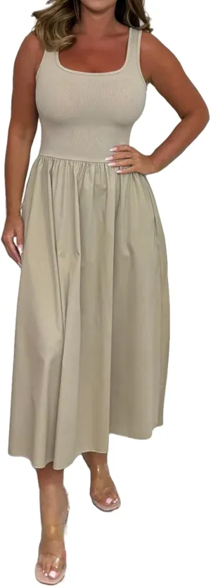 Womens Summer Dresses Casual Maxi Dress Flowy Business Tank Dress Long Sleeveless Beach Vacation Midi Sundress