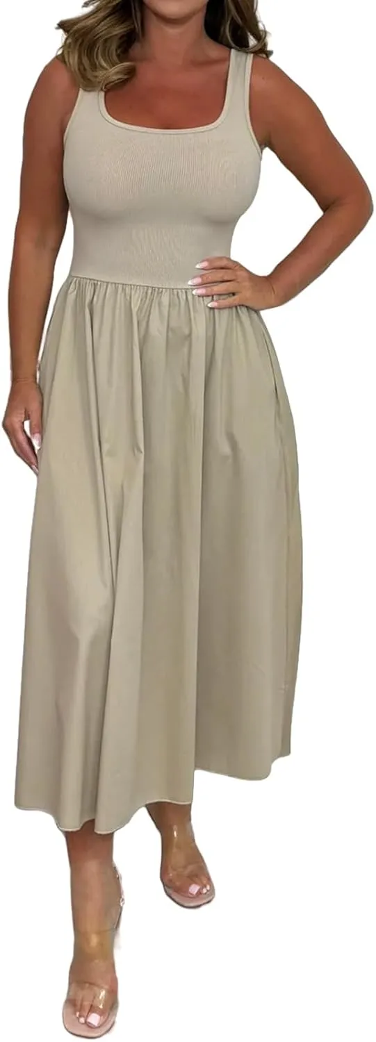 Womens Summer Dresses Casual Maxi Dress Flowy Business Tank Dress Long Sleeveless Beach Vacation Midi Sundress