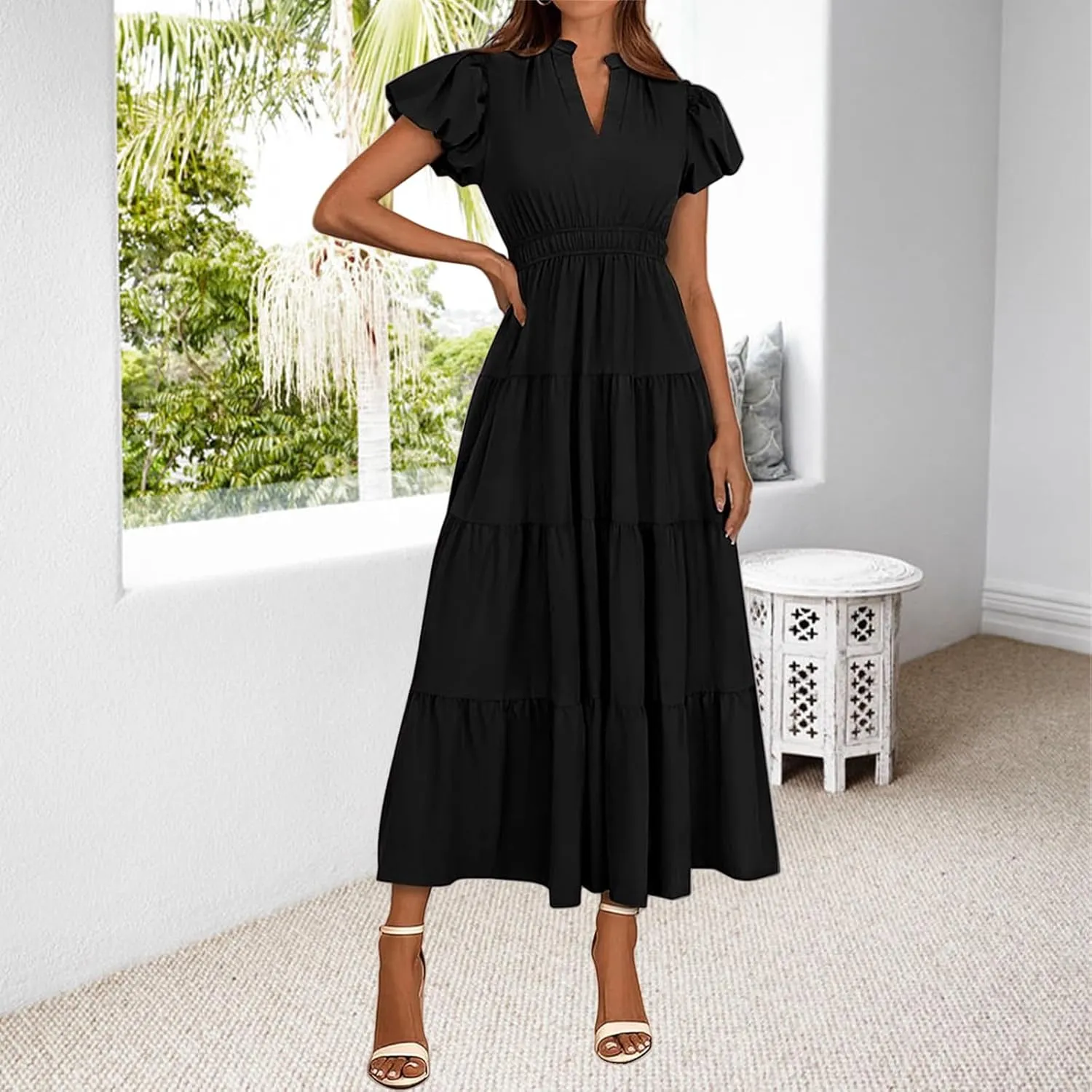 Womens Summer Dresses Casual V Neck Elastic Waist Maxi Dresses Smocked Tiered Ruffle Beach Vacation Dress
