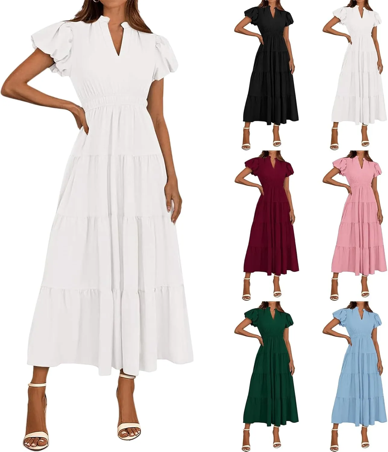 Womens Summer Dresses Casual V Neck Elastic Waist Maxi Dresses Smocked Tiered Ruffle Beach Vacation Dress