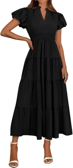 Womens Summer Dresses Casual V Neck Elastic Waist Maxi Dresses Smocked Tiered Ruffle Beach Vacation Dress