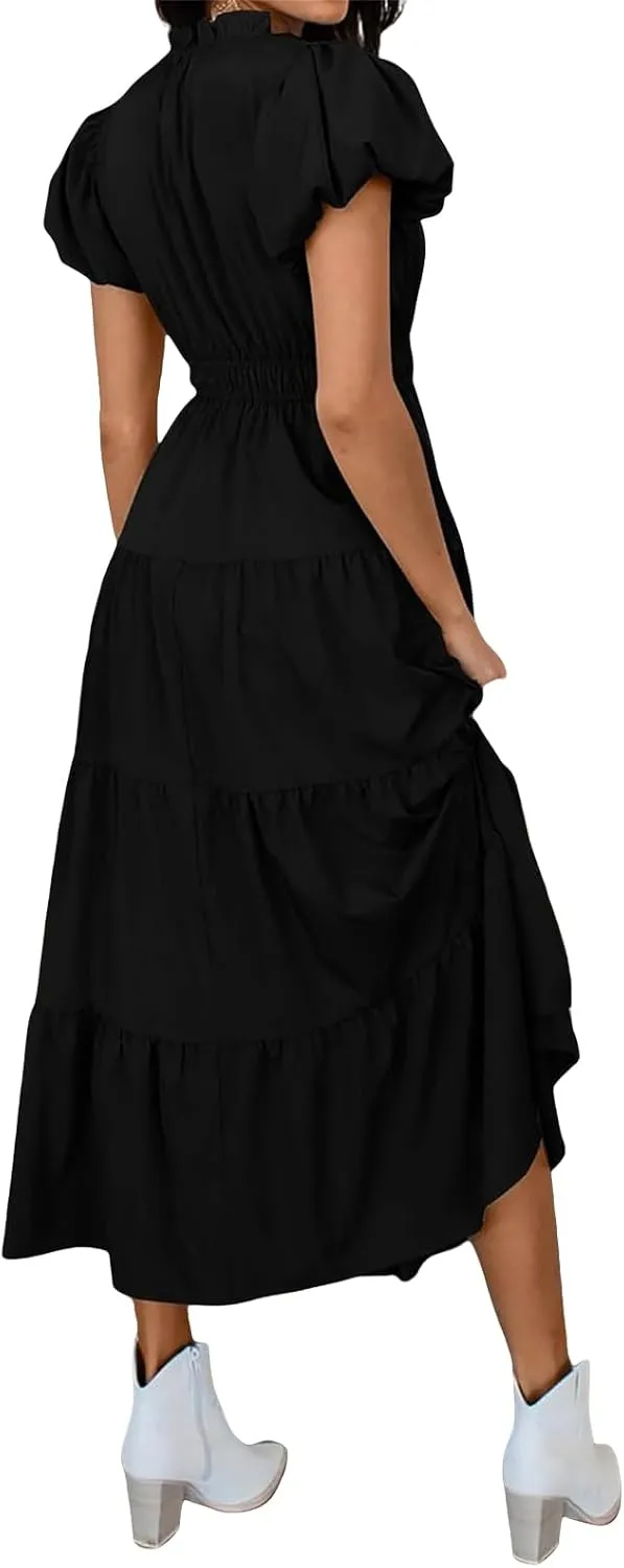 Womens Summer Dresses Casual V Neck Elastic Waist Maxi Dresses Smocked Tiered Ruffle Beach Vacation Dress