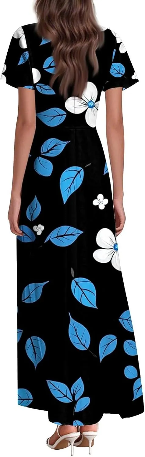 Womens Summer Dresses Casual V-Neck Short Sleeve Floral Maxi Dress, High Waist Big Swing Loose Long Beach Sundress