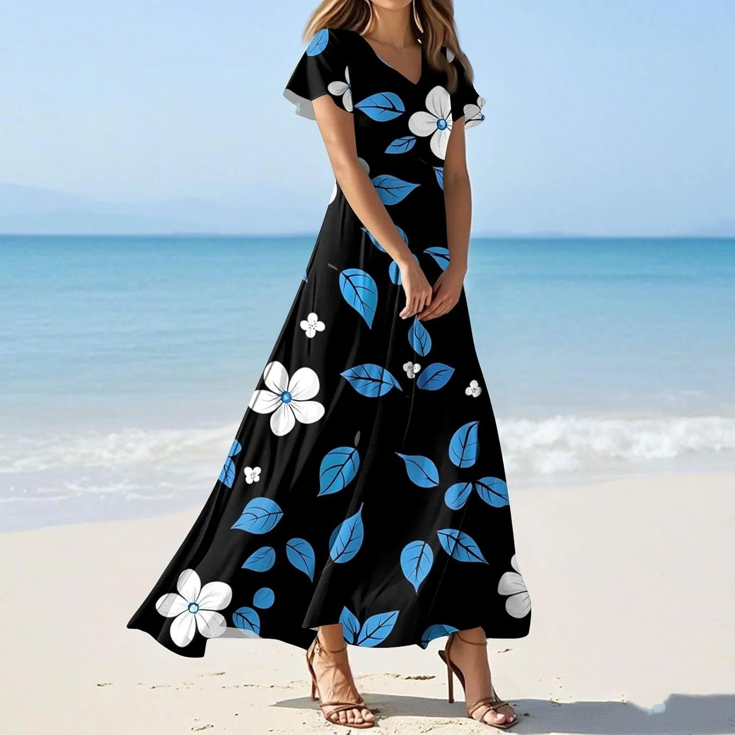 Womens Summer Dresses Casual V-Neck Short Sleeve Floral Maxi Dress, High Waist Big Swing Loose Long Beach Sundress