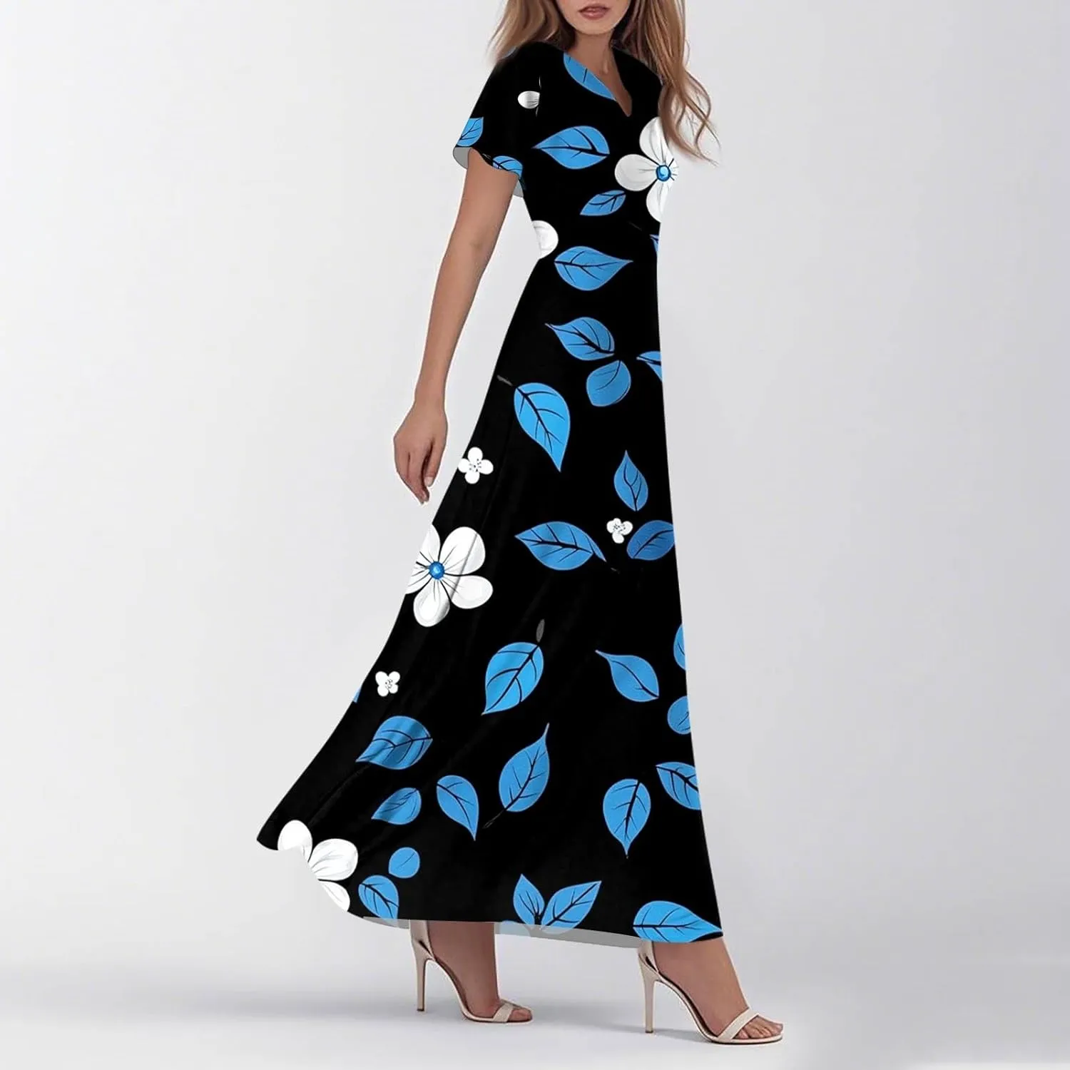 Womens Summer Dresses Casual V-Neck Short Sleeve Floral Maxi Dress, High Waist Big Swing Loose Long Beach Sundress