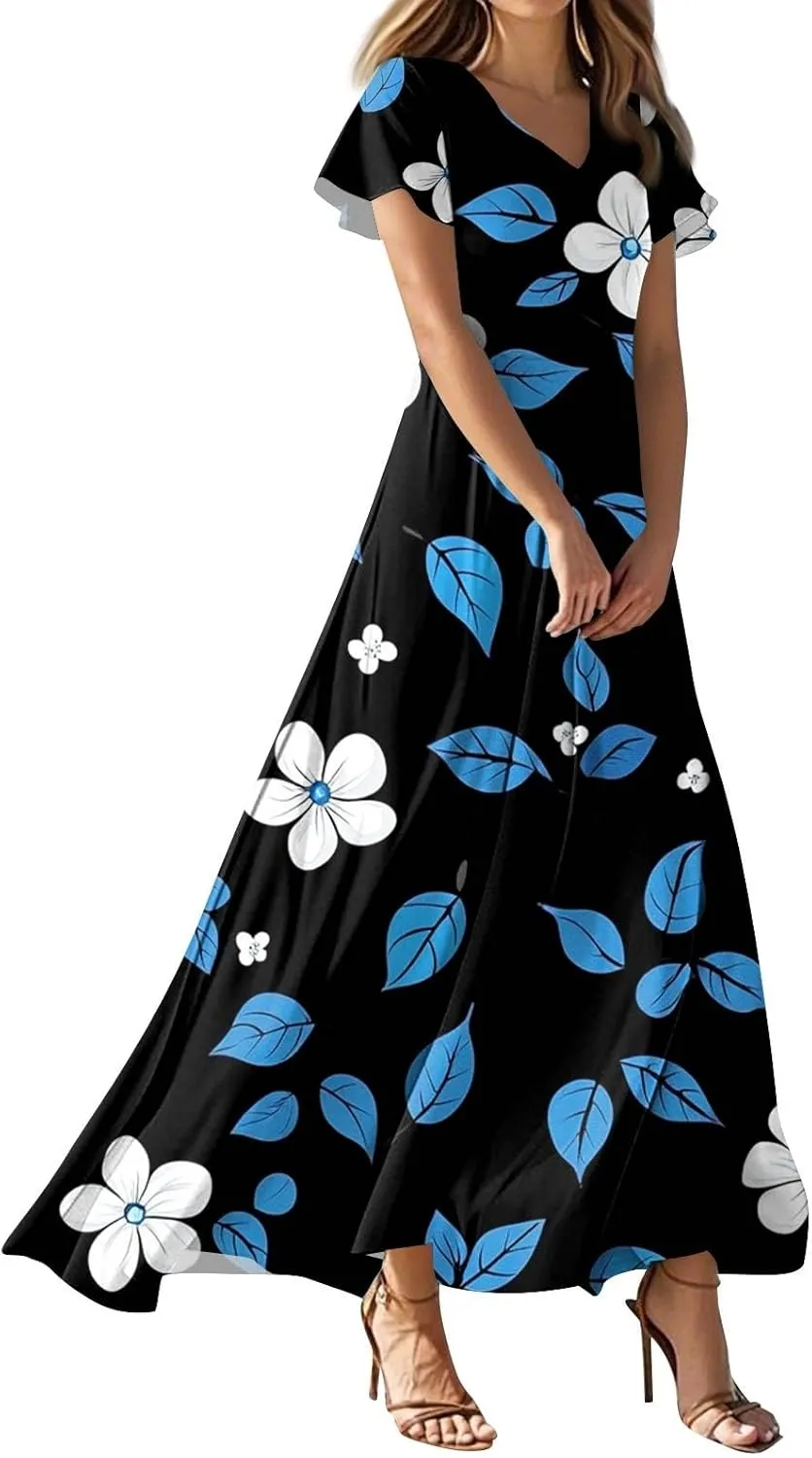 Womens Summer Dresses Casual V-Neck Short Sleeve Floral Maxi Dress, High Waist Big Swing Loose Long Beach Sundress