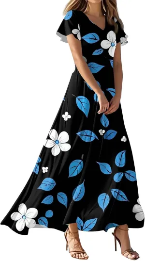 Womens Summer Dresses Casual V-Neck Short Sleeve Floral Maxi Dress, High Waist Big Swing Loose Long Beach Sundress