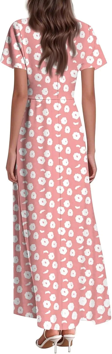 Women's Summer Dresses Casual V-Neck Short Sleeve Maxi Dress, High Waist Big Swing Loose Long Beach Sundress