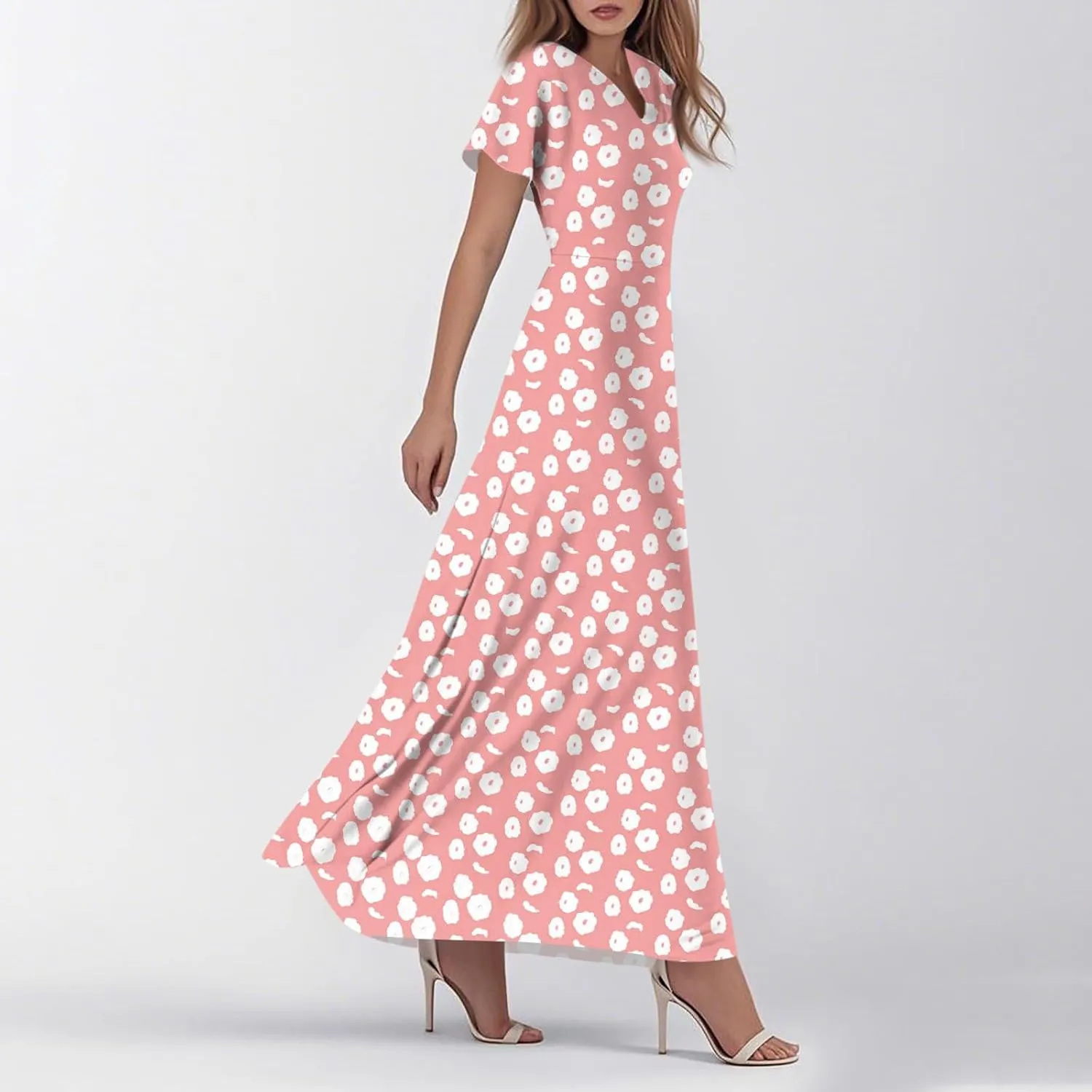 Women's Summer Dresses Casual V-Neck Short Sleeve Maxi Dress, High Waist Big Swing Loose Long Beach Sundress
