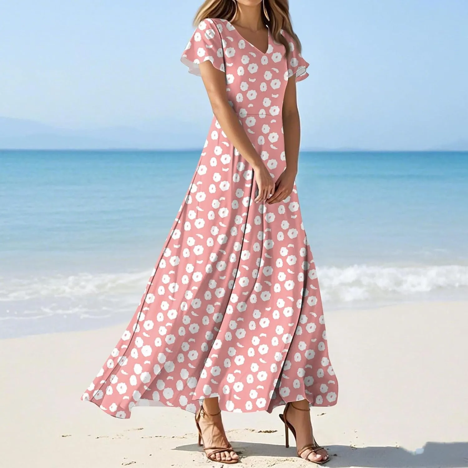 Women's Summer Dresses Casual V-Neck Short Sleeve Maxi Dress, High Waist Big Swing Loose Long Beach Sundress