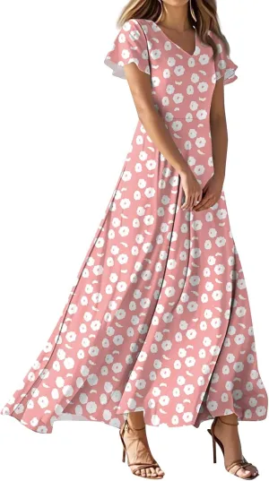 Women's Summer Dresses Casual V-Neck Short Sleeve Maxi Dress, High Waist Big Swing Loose Long Beach Sundress