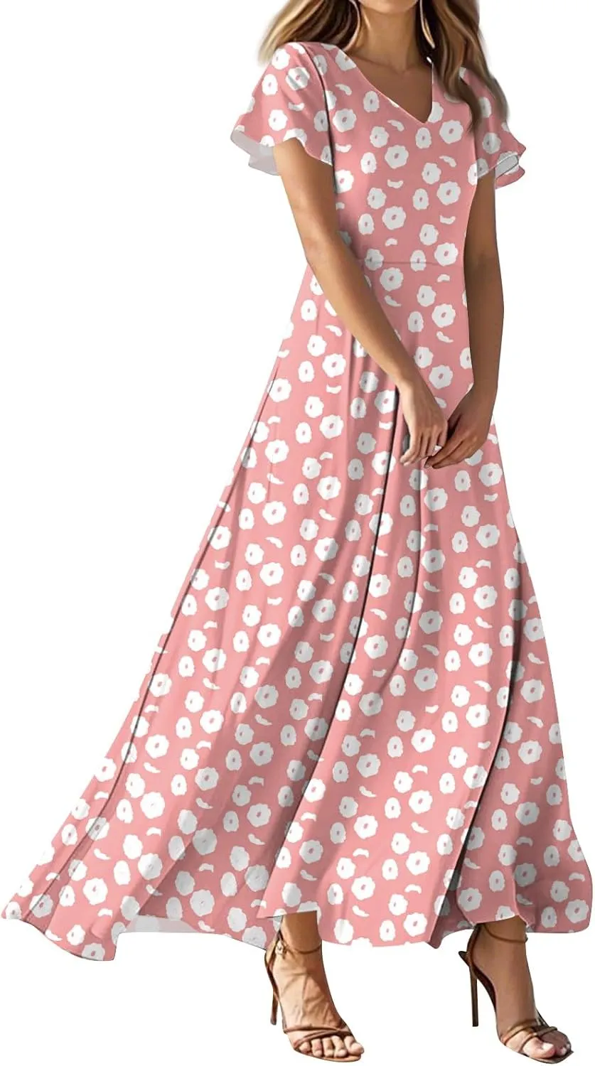 Women's Summer Dresses Casual V-Neck Short Sleeve Maxi Dress, High Waist Big Swing Loose Long Beach Sundress