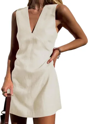 Women's Summer Dresses Cotton Linen V Neck Sleeveless Mini Dress Casual A Line Slim Tank Dress Sundress