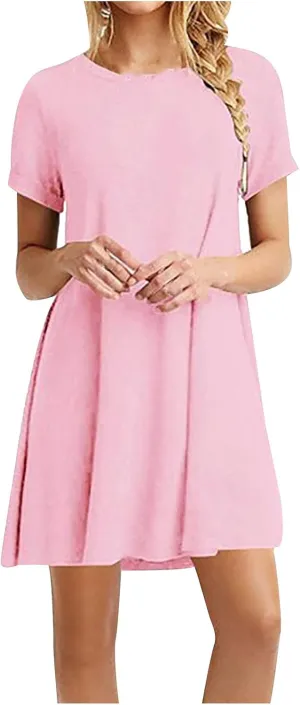 Womens Summer Dresses Solid Short Sleeve Loose Coverup Mini Shirt Dresses Pretty Garden Skirt for Women 2025 Clothes