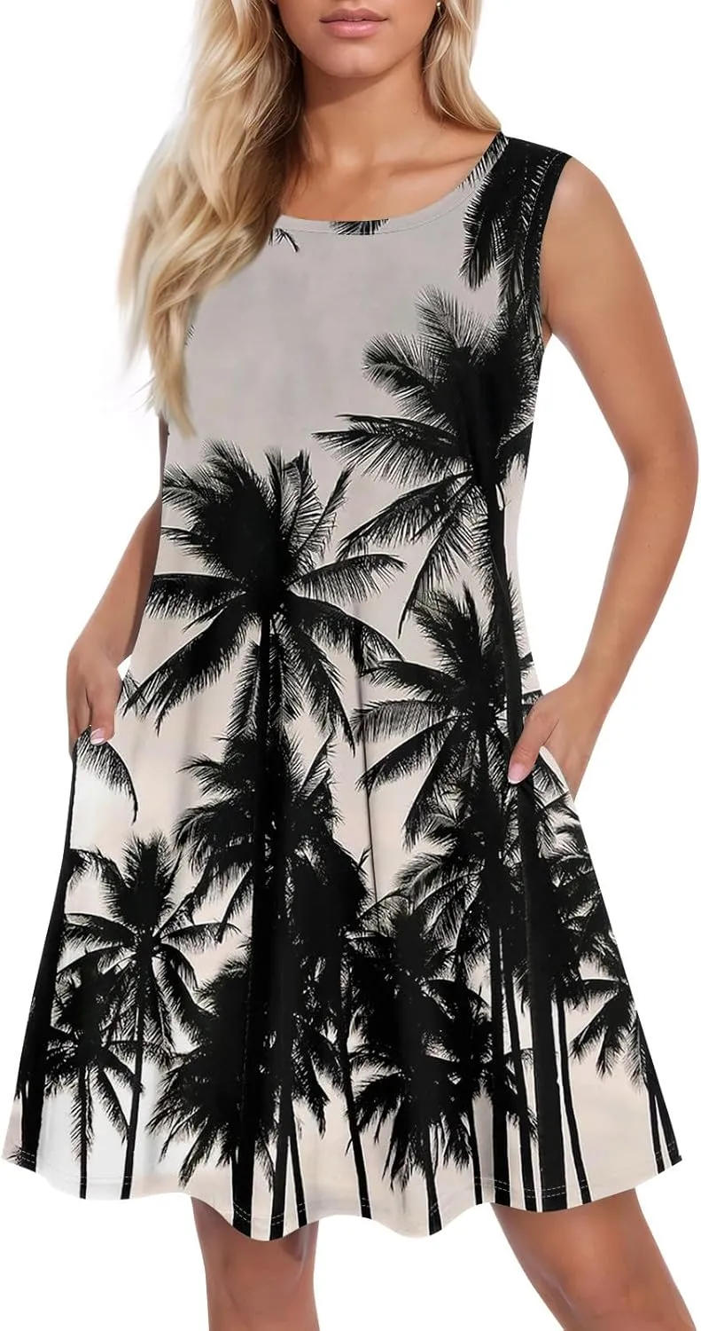 Womens Summer Dresses Sun Dress Short Vacation Dress Sleeveless Tank Dresses Beach Cover Up Vest with Pocket