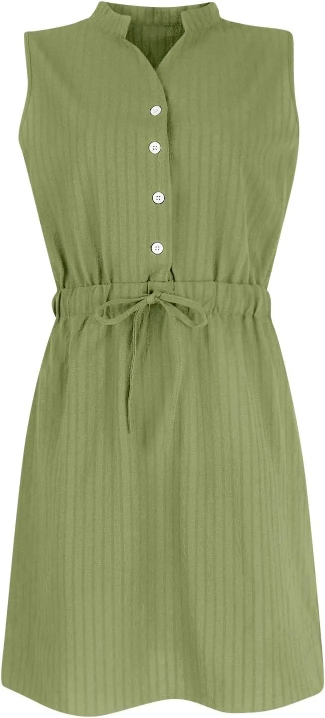Womens Summer Dresses V Neck Button Up Tie Waist Mini Dress Dressy Business Sleeveless Tank Dress Loose Shift Dresses