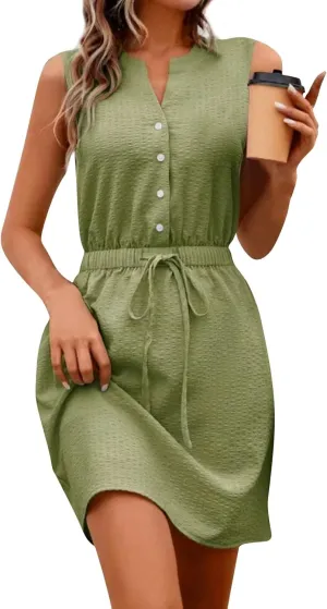 Womens Summer Dresses V Neck Button Up Tie Waist Mini Dress Dressy Business Sleeveless Tank Dress Loose Shift Dresses