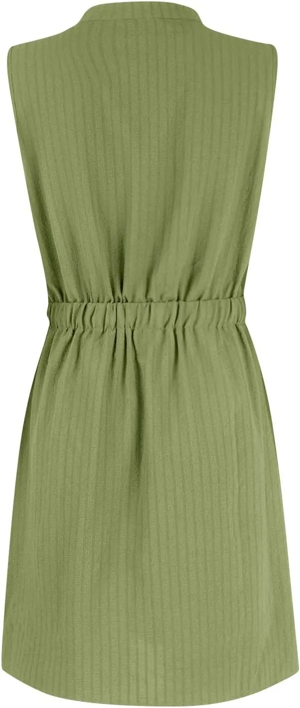 Womens Summer Dresses V Neck Button Up Tie Waist Mini Dress Dressy Business Sleeveless Tank Dress Loose Shift Dresses